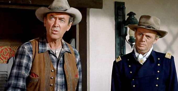 James Stewart as Guthrie McCabe and Richard Widmark as Lt. Jim Gary in Two Rode Together (1961)