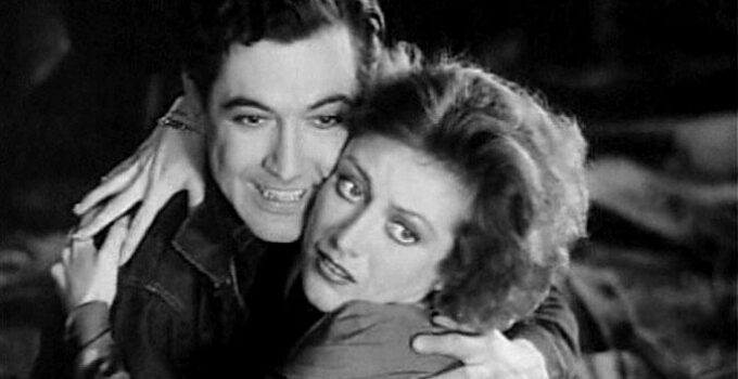 Joan Crawford as Joan 'Montana' Prescott, throwing herself into the arms of Larry Kerrigan (Johnny Mack Brown) after being frightened by a frog in Montana Moon (1930)