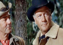 Joel McCrea as Steve Judd, wondering if young Heck Longtree is up to the job ahead as Gil Westrum (Randolph Scott) looks on in Ride the High Country (1962)