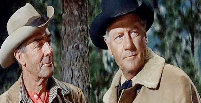 Joel McCrea as Steve Judd, wondering if young Heck Longtree is up to the job ahead as Gil Westrum (Randolph Scott) looks on in Ride the High Country (1962)