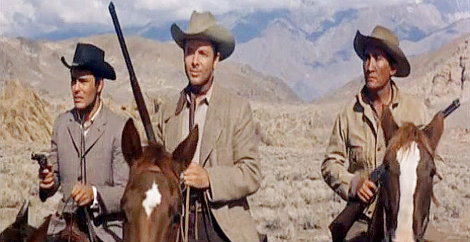 John Saxon as Seymour Kern, Audie Murphy as Banner Cole and Rodolfo Acosta as Johnny Caddo in posse from Hell (1961)