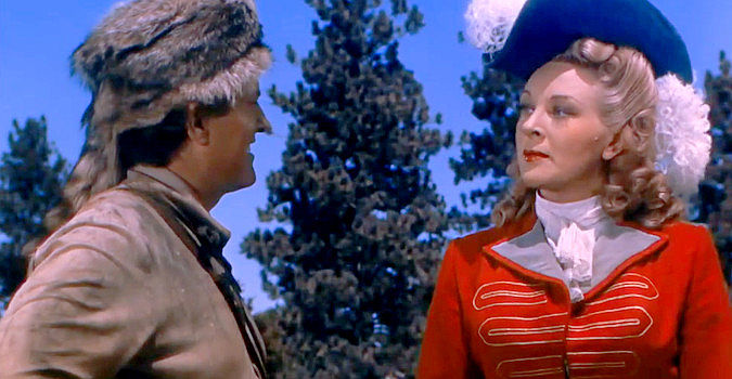 Michael O'Shea as Hawk-Eye and Evelyn Ankers as Alice Munro, sparring again in Last of the Redmen (1947)