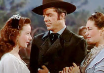 Susan Hayward as Lucy Overmire, Dana Andrews as Logan Stuart and Patricia Roc as Caroline Marsh in Canyon Passage (1946)