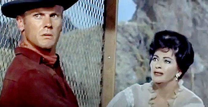 Tab Hunter as Mike Reno and Yvonne De Carlo as Laura Mannon in Hostile Guns (1967)