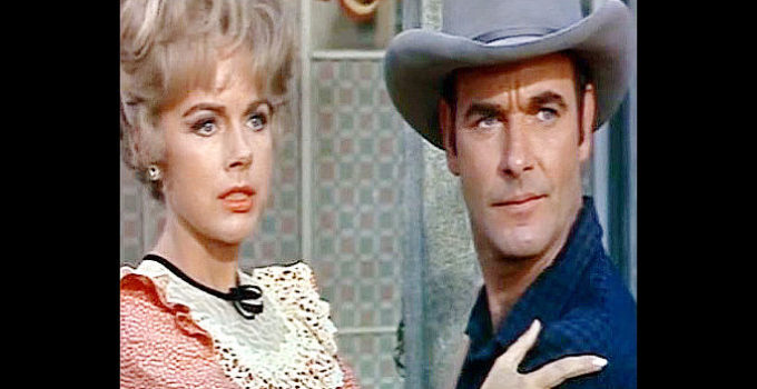 Terry Moore as Anna and James Best as her husband, Sheriff Ralph Elkins, in Black Spurs (1965)