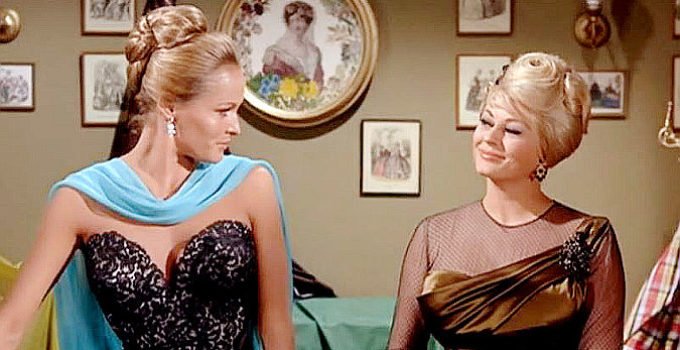 Ursula Andress as Maxine Richter and Anita Eckberg as Elya Carlson, happy they've both found well-off men in Four for Texas (1963)