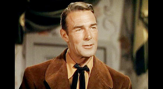 Randolph Scott as 'Honest' John Calhoun, fearing his past might catch up with him in Belle of the Yukon (1944)