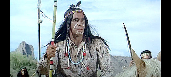 Robert Carricart as Apache Chief Kai-La, demanding guns in exchange for a child's safety in Blood on the Arrow (1964)