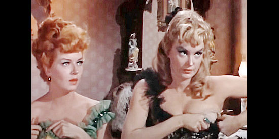 Saloon girls Alice (Merry Anders) and Kathy (Joan Huntington) adjust their outfits after being harassed by young hellions in Young Fury (1965)