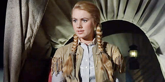 Shirley Jones as Marty Purcell, scolding the Clegg brothers for being rude to Lt. Gary in Two Rode Together (1961)