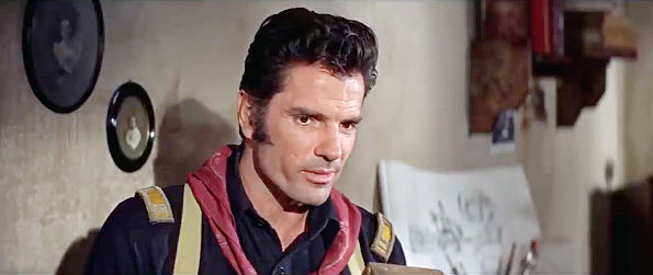 Tom Tyron as Capt. Demas Harrod, fretting over Gen. McCabe's means of achieving victory in battle in The Glory Guys (1965)