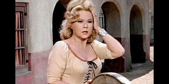 Virginia Mayo as Linda Lee, waiting anxiously for another attack on Fort Urah by the renegades in Fort Utah (1967)