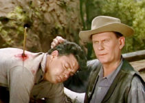 Wendell Corey as Clint Mailer checking out Wade Cooper (Dale Robertson), the wounded man his wife brings home in Blood on the Arrow (1964)