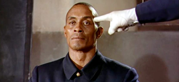 Woody Strode as Sgt. Rutledge, on trial for rape and murder and with his life on the line if convicted in Sergeant Rutledge (1960)