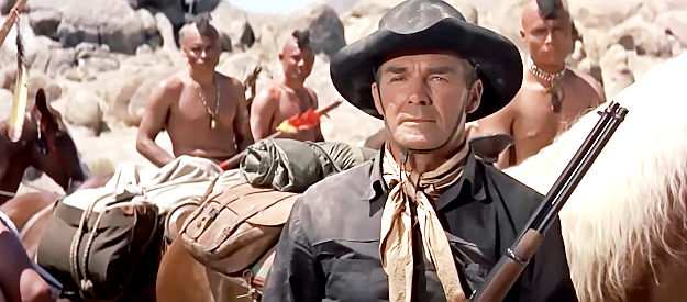 Randolph Scott as Jefferson Cody, trying to negotiate a trade with the Comanches in Comanche Station (1960)