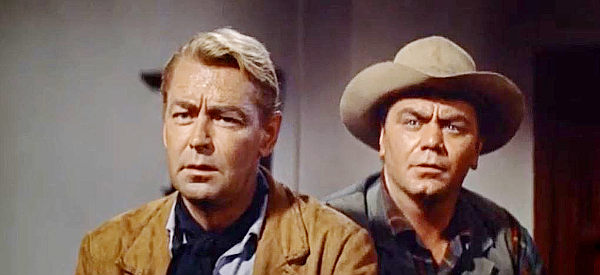 Alan Ladd as Peter Van Hoek, aka The Dutchman, and Ernest Borgnine as John McBain, joining forces for a quick score in The Badlanders (1958)