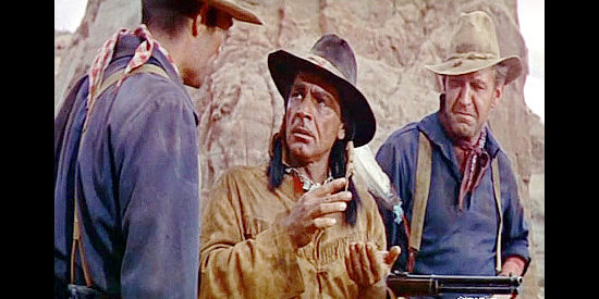 Anthony Caruso as Pawnee, a cavalry scout, with privates Travers (John Russell) and McGurney (Forrest Tucker) in Fort Massacre (1958)