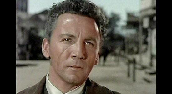 Cameron Mitchell as Sheriff Fred Miller, scarred from a beating and scared of a showdown in Tension at Table Rock (1956)