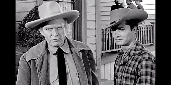 Charles Bickford as Sampson Drune and John Derek as Jed Clayton, his adopted son in The Last Posse (1953)