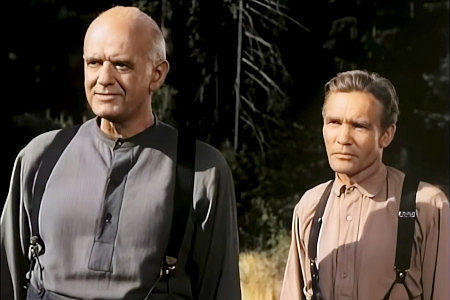 Charles Meredith as Elder Bixby, Alicia's father, and Brother Williams in The Big Trees (1952)