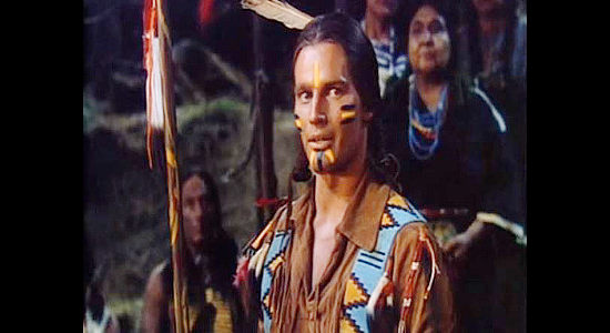 Charlton Heston as Jim Aherne, aka War Bonnet, vowing his loyalty to the SIoux people who raised him in The Savage (1952)