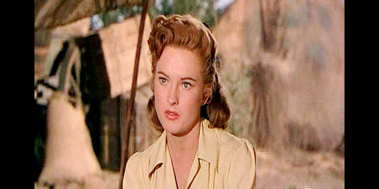 Coleen Gray as Christella Burke, the doctor's daughter who quarrels with Laish over the treatment of the wounded soldiers in Arrow in the Dust (1954)