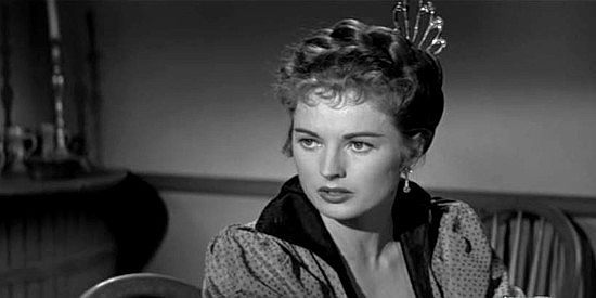 Coleen Gray as Jeannie, trying to determine if there's anything Lorn Crawford will fight for in The Black Whip (1956)