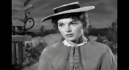 Coleen Gray as Nora Haynes, making Hack Williams promise not to look while she's bathing in Copper Sky (1957)