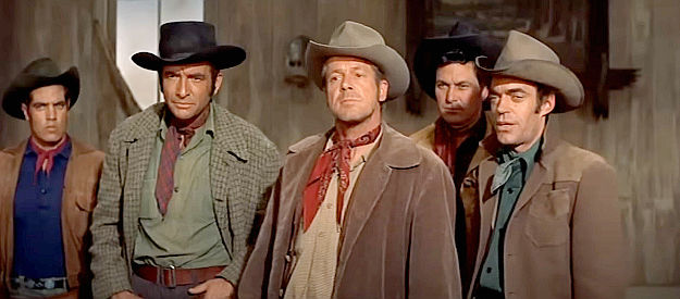 Dan Duryea as Whitey Harbin with four members of his gang, including Shotgun (Jack Elam, at right) in Night Passage (1957)