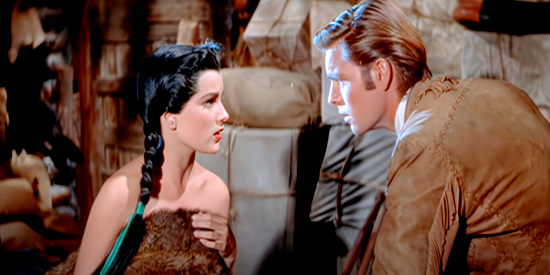 Debra Paget as Appearing Day, professing her love for Josh Tanner (Robert Wagner) in White Feather (1955)