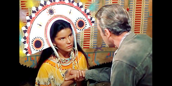 Debra Paget as Sonseeahray and James Stewart at Tom Jeffords meet for the first time in Broken Arrow (1950)