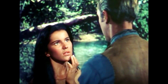 Debra Paget as Sonseeahray reacts to her first kiss from Tom Jeffords (James Stewart) in Broken Arrow (1950)