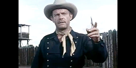 Dennis O'Keefe as Capt. Matt Riordan, trying to negotiate with the Indians in Dragoon Wells Massacre (1957)