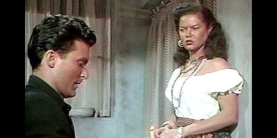 Dona Drake as Dolores, upset that The Kid seems to purposely be putting himself in danger in Son of Belle Starr (1953)