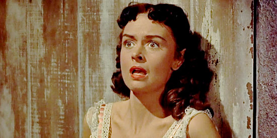 Donna Reed as Jennifer Ballard, fearful of her fate in the hands of Frank Slayton in Guy Fury (1953)