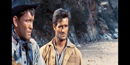 Earl Holliman as Denny Devereaux and Hugh O'Brian as brother Mike, both caught changing brands on their father's cattle in Broken Lance (1954)