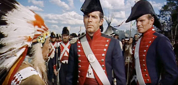Fred MacMurray as Capt. Meriweather Lewis and Charlton Heston as Lt. William Clark meet with the Minnatree chief in The Far Horizons (1955)
