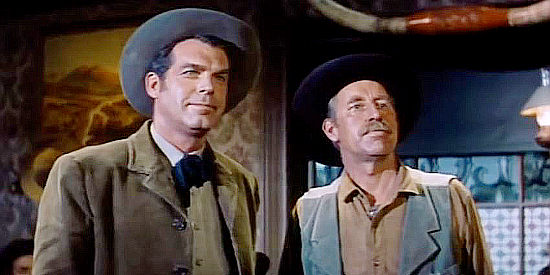 Fred MacMurray as Jack Wright and Frank Ferguson as George Henderson, the men who foil a bank robbery in At Gunpoint (1955)