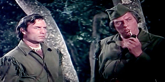 George Montgomery as Capt. Jed Horn and Howard Petrie as Maj. Rogers, hoping the French fall for their ruse in Fort Ti (1953)
