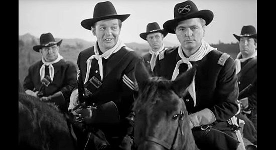 Gordon Jones as a Union sergeant and Dick Simmons as a Union captain, on the trail of Kate Quantrill in The Woman They Almost Lynched (1953)