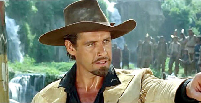 Gordon Scott as Buffalo Bill, issuing a warning to the Sioux chief in Buffalo Bill, Hero of the Far West (1965)