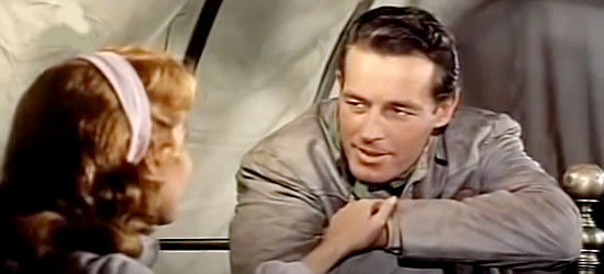 Guy Madison as Steve Daley, trying to reason with new wife Cheyenne (Rhonda Fleming) in Bullwhip (1958)