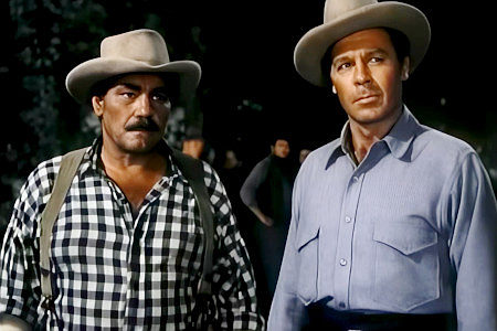Harry Cordin as Cleve Gregg and John Archer as Frenchy LeCroix, two men after the same fortune as Jim Fallon in The Big Trees (1952)