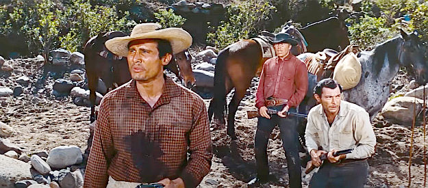 Henry SIlva as Lujan, Albert Salmi as Ed Taylor and Lee Van Cleef as Alfonso Parral, realizing the posse is gaining ground in The Bravados (1958)