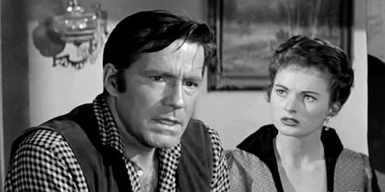 Hugh Marlowe as Lorn Crawford, trying to explain his position on violence to Jeannie (Coleen Gray) in The Black Whip (1956)