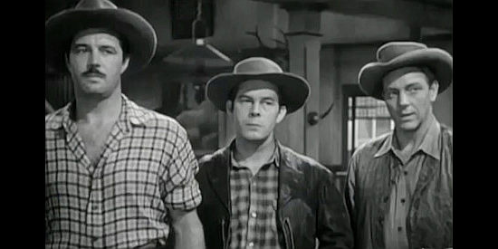James Craig as Lloyd Richland, Harry Morgan as Cottonwood Goss and Paul Langton as his brother Violet confront crooked lawmen in Gentle Annie (1944)