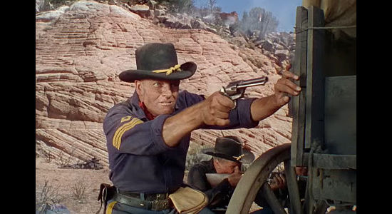 James Millican as Sgt. Hines, trying to survive an attack by the Sioux in Bugles in the Afternoon (1952)