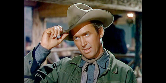 James Stewart as Glyn McLyntock, a former gunman hoping for a fresh start as a farmer in Bend of the River (1952)