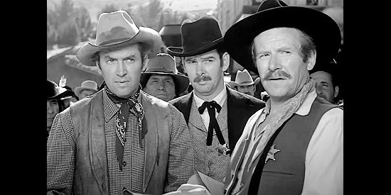 James Stewart as Lin McAdam with Steve Darrell as Bat Masterson and Will Geer as Wyatt Earp in Winchester '73 (1950)