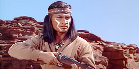 Jeff Chandler as Cochise, trying futilely to keep the peace with the whites in The Battle at Apache Pass (1952)